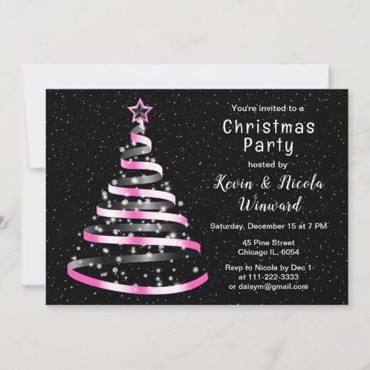 Kerstfeest met roze en zwarte lint kaart (Voorkant)