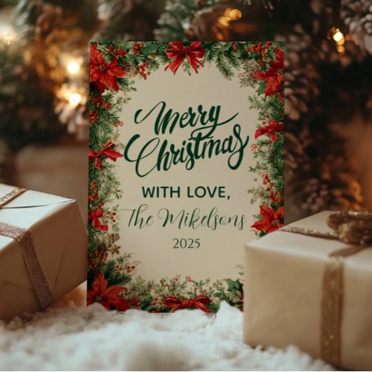 Kerstfeest met rustieke Poinsettia-dennen  Feestdagenkaart