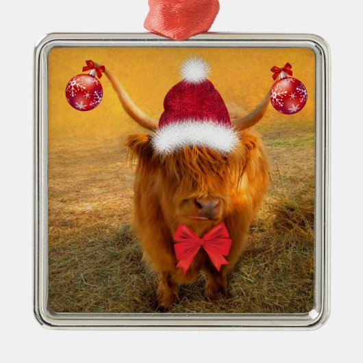 Kerstfeest met Scottish Highland Steer Metalen Ornament (Voorkant)