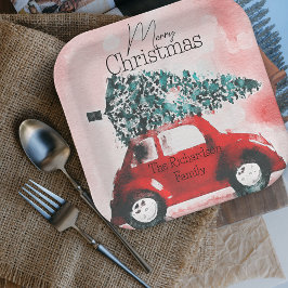 Kerstfeest met vintage rode auto kerstboom papieren bordje
