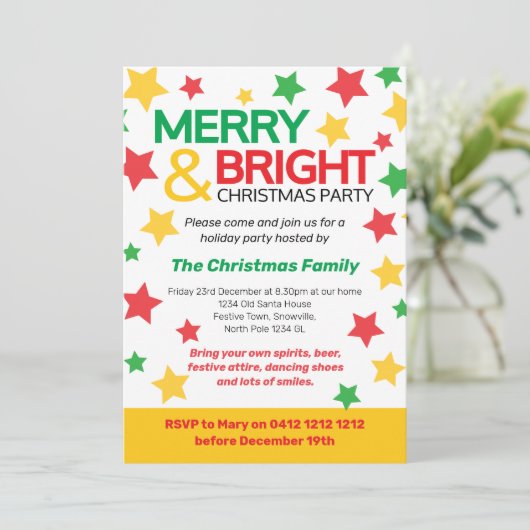 Kerstfeest met vrolijke en heldere ster geel rood kaart (Staand voorkant)