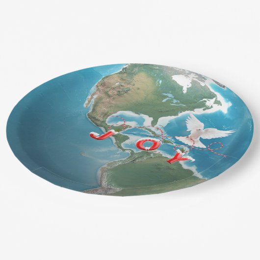 Kerstfeest met witte dove op de wereld papieren bordje (Gekanteld)