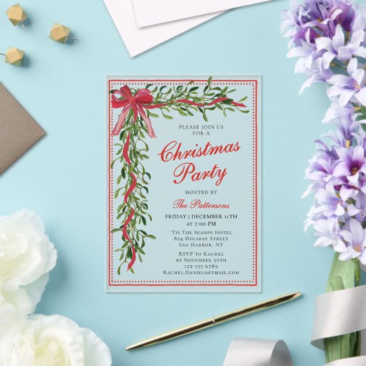 Kerstfeest Mistletoe Bow Modern Holiday Party Acryl Uitnodigingen (Insitu (Huwelijk))