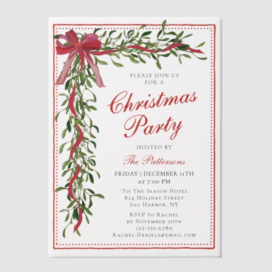 Kerstfeest Mistletoe Bow Modern Holiday Party Vellum Uitnodigingen (Voorkant)