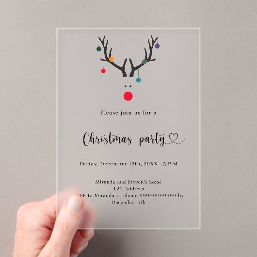Kerstfeest modern grappig vorst rendier acryl uitnodigingen (Insitu (Draagbaar))