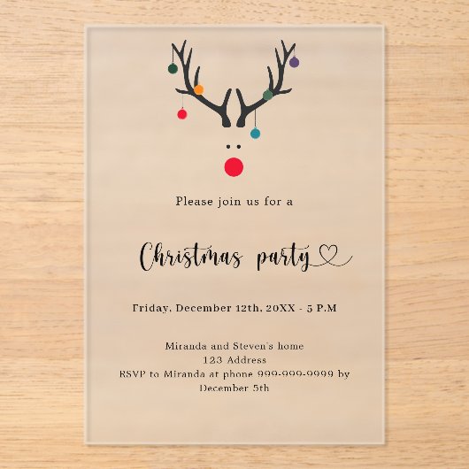 Kerstfeest modern grappig vorst rendier acryl uitnodigingen (Voorkant)
