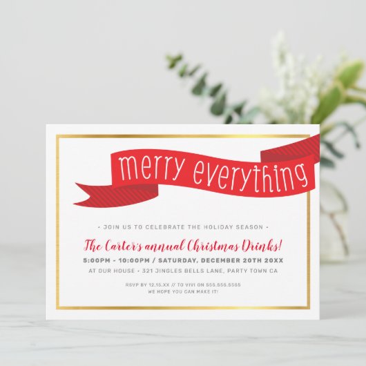 KERSTFEEST modern rood lint VROLIJK ALLES Feestdagenkaart (Staand voorkant)