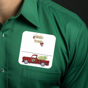 Kerstfeest Naam Badge Plaid Truck Vierkante Sticker