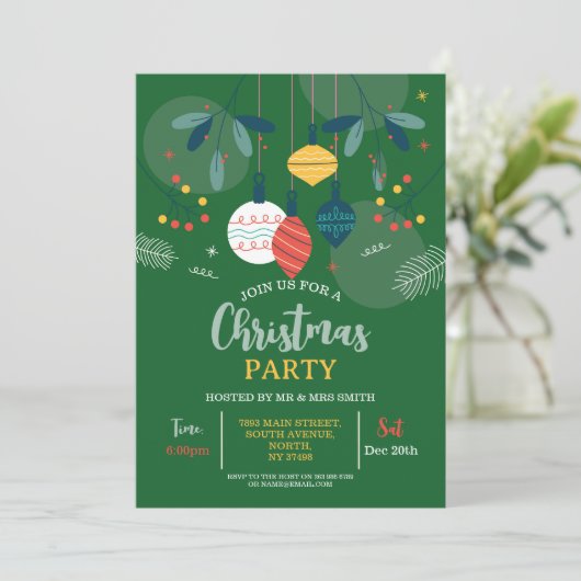 Kerstfeest Nodig Groene Feestpartij Bauble Kaart (Staand voorkant)