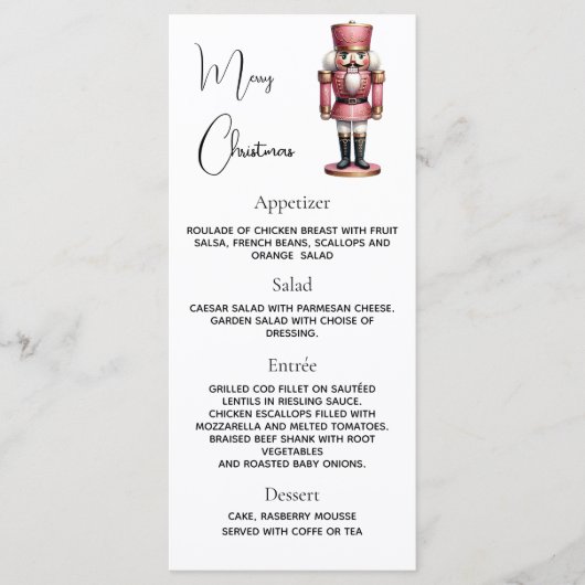 Kerstfeest notenkraker roze diner menu (Voorkant)