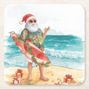 Kerstfeest op het strand met Kerstman Kartonnen Onderzetters