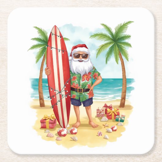 Kerstfeest op het strand met Kerstman Kartonnen Onderzetters (Voorkant)