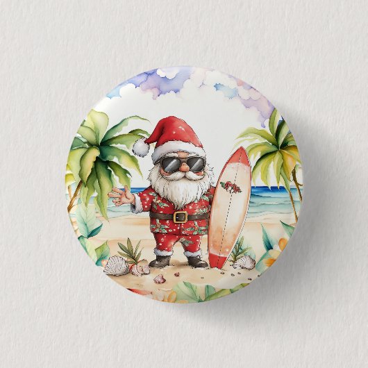 Kerstfeest op het strand met Kerstman Ronde Button 3,2 Cm (Voorkant)