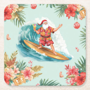 Kerstfeest op het strand met Kerstman Vierkant Kartonnen Onderzetters