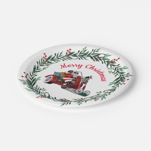 Kerstfeest op motorfiets papieren bordje (Gekanteld)