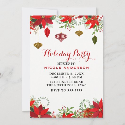 Kerstfeest Ornamenten & Poinsettia Kaart (Voorkant)