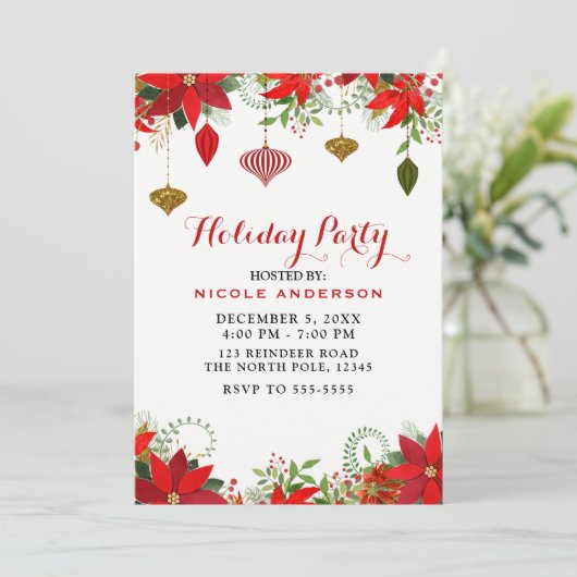 Kerstfeest Ornamenten & Poinsettia Kaart (Staand voorkant)