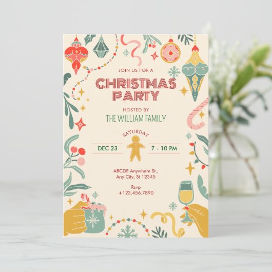 Kerstfeest ornamenten uitnodiging (Staand voorkant)