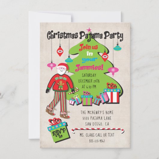 Kerstfeest Pajama met kerstman en geschenken Kaart (Voorkant)
