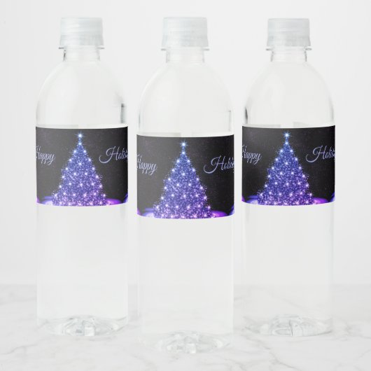 Kerstfeest Pink Blauwe Boom Winter Zwart Rustiek Waterfles Etiket (Flessen)