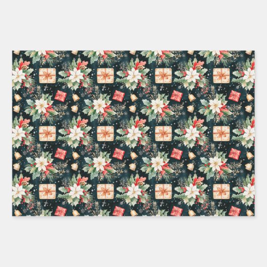 Kerstfeest Poinsettia Bloemen Inpakpapier Vel (Voorkant 3)