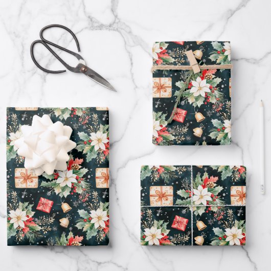 Kerstfeest Poinsettia Bloemen Inpakpapier Vel (Voorkant)