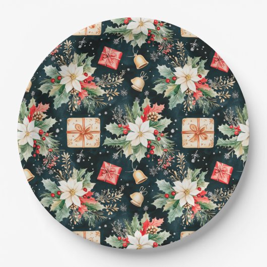 Kerstfeest Poinsettia Bloemen Papieren Bordje (Voorkant)