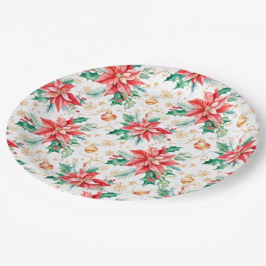 Kerstfeest Poinsettia Bloemen Papieren Bordje (Gekanteld)