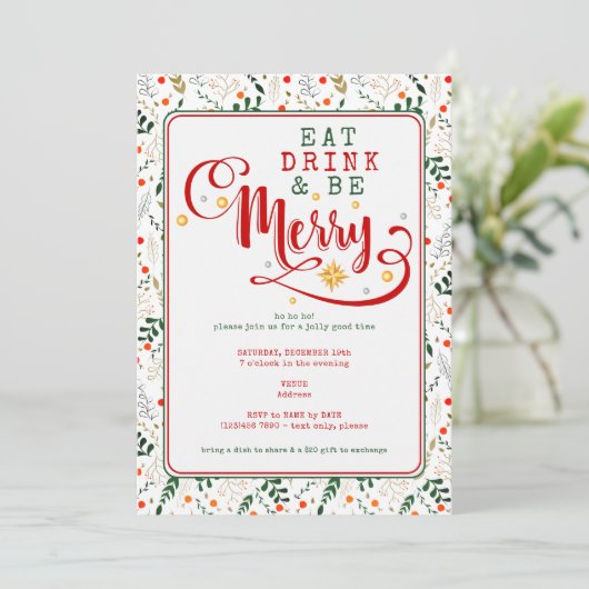 Kerstfeest Potluck met lekkere hapjes en drankjes Kaart (Staand voorkant)