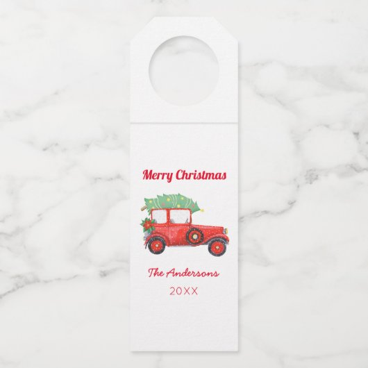 Kerstfeest Red Truck Farmhouse Holiday Flessenhanger (Voorkant)
