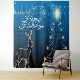 Kerstfeest Reindeer Boom Blauwe Lucht Glanzende St Wandkleed