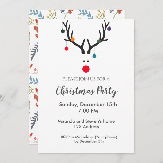 Kerstfeest rendier modern wit rood kaart (Voorkant / Achterkant)
