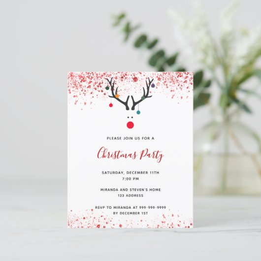 Kerstfeest rendier rood glitters invitatie (Staand voorkant)