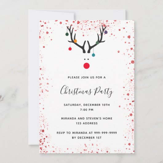 Kerstfeest rendier rood wit leuk uitnodiging (Voorkant)