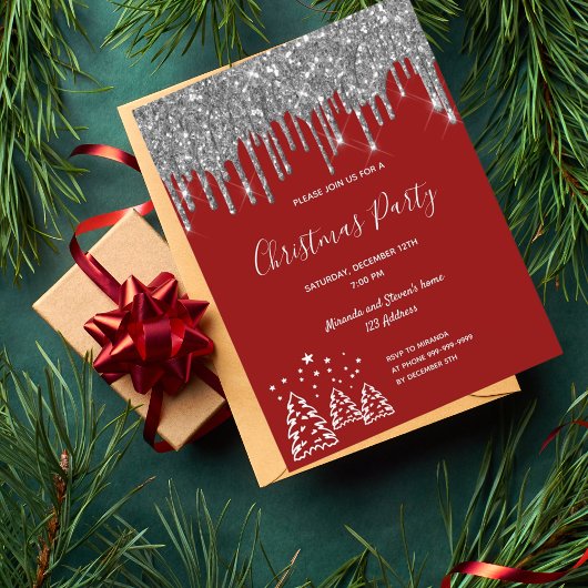 Kerstfeest rode glitter-uitnodiging briefkaart