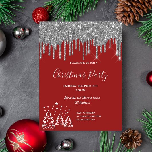 Kerstfeest rode glitter-uitnodiging briefkaart