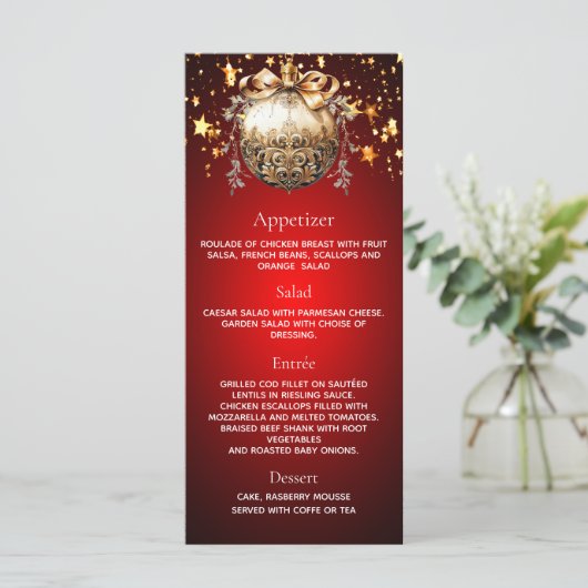 Kerstfeest rode gouden kerstbal dinermenu menu (Staand voorkant)