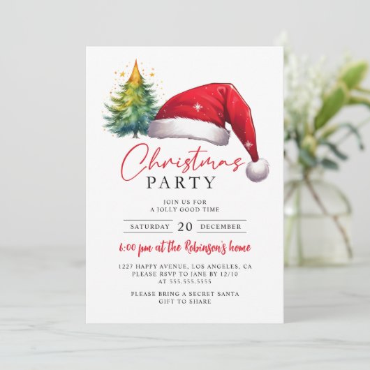 Kerstfeest Rode Kerstman Hoed Boom Sterren Kaart (Staand voorkant)