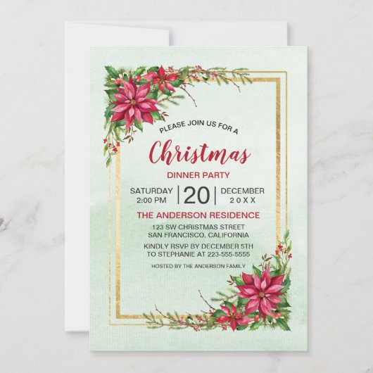 Kerstfeest Rode Poinsettia Bloemstuk Gouden Lijst (Voorkant)