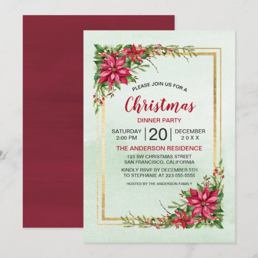 Kerstfeest Rode Poinsettia Bloemstuk Gouden Lijst (Voorkant / Achterkant)