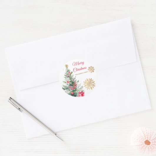 Kerstfeest Rode Poinsettia Ronde Sticker (Envelop)
