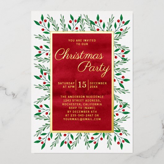 Kerstfeest Rode Waterverf Bloemen Folie Uitnodiging (Voorkant)