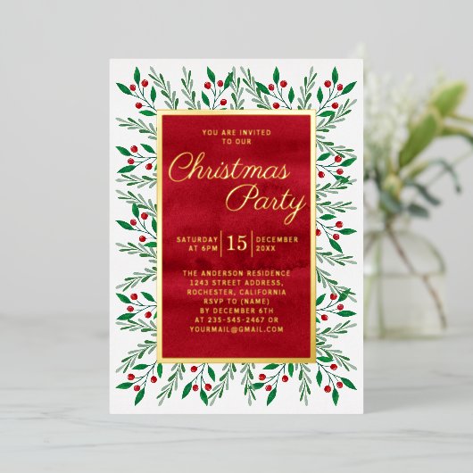 Kerstfeest Rode Waterverf Bloemen Folie Uitnodiging (Staand Voorkant)