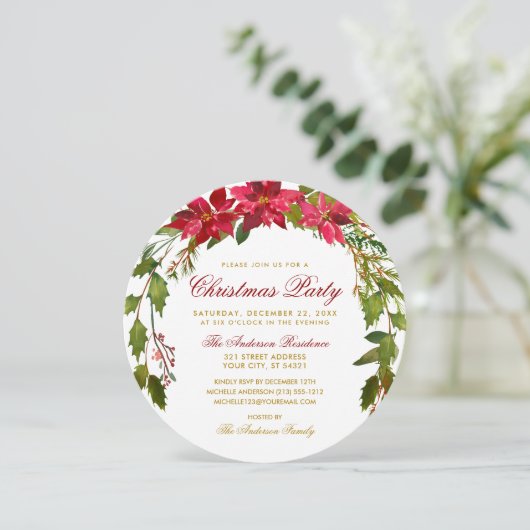 Kerstfeest Rood Bloemstuk Poinsettia Rond Kaart (Staand voorkant)