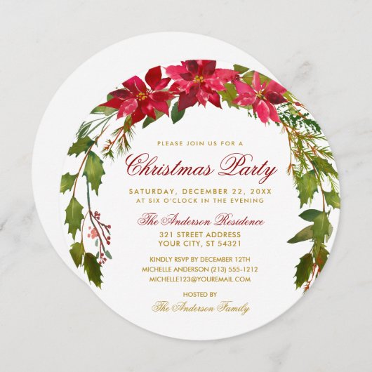 Kerstfeest Rood Bloemstuk Poinsettia Rond Kaart (Voorkant / Achterkant)