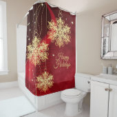 Kerstfeest Rood Golden Snowflakes Holiday Douchegordijn (In situ)