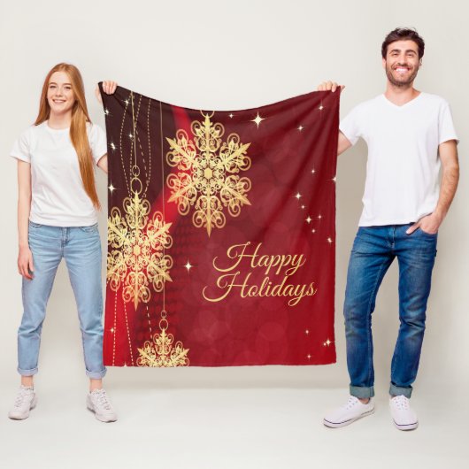 Kerstfeest Rood Golden Snowflakes Holiday Fleece Deken (In situ)