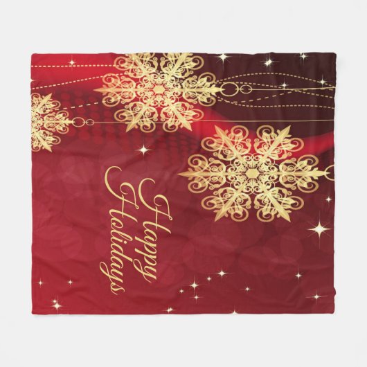 Kerstfeest Rood Golden Snowflakes Holiday Fleece Deken (Voorkant (Horizontaal))
