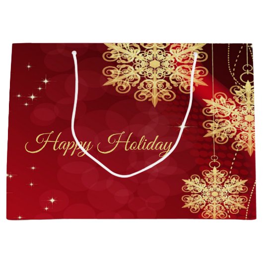 Kerstfeest Rood Golden Snowflakes Holiday Groot Cadeauzakje (Voorkant)