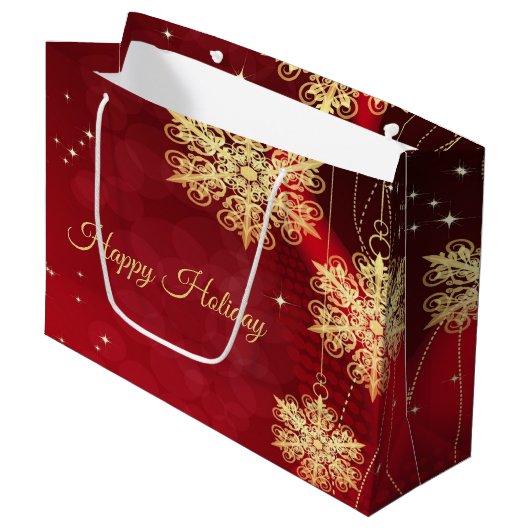 Kerstfeest Rood Golden Snowflakes Holiday Groot Cadeauzakje (Voorkant Gekanteld)